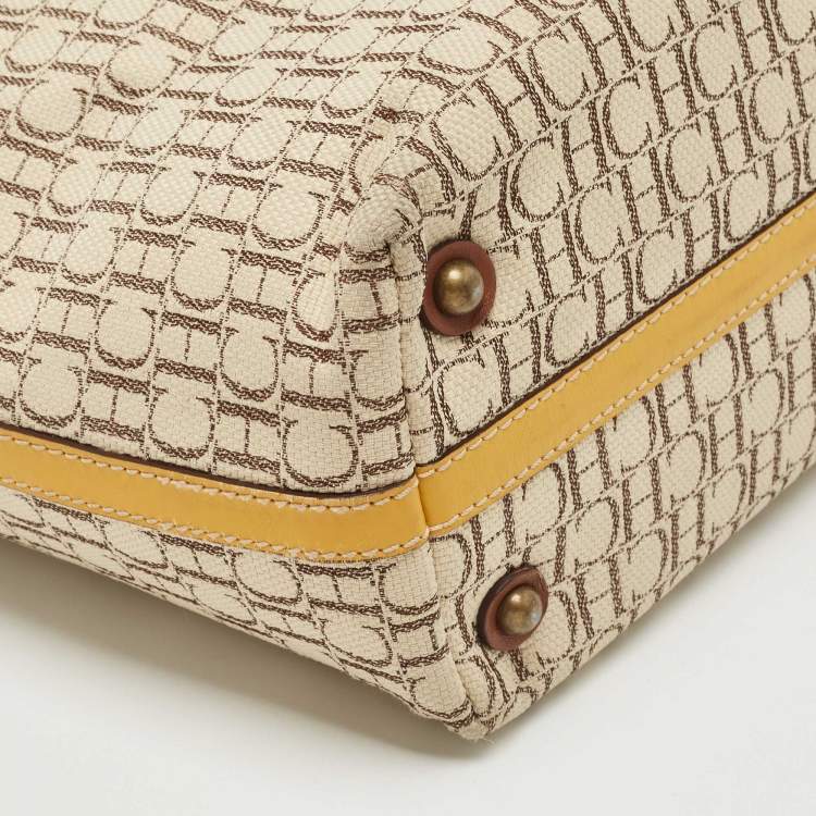 Pre Owned Carolina Herrera Brown/Beige Monogram Canvas and Leather Patchwork Tote
