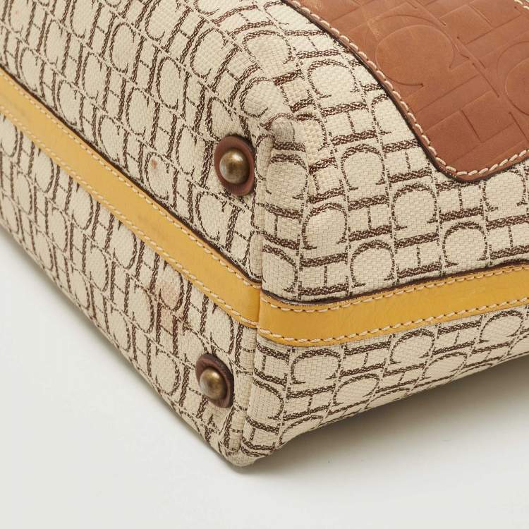 Pre Owned Carolina Herrera Brown/Beige Monogram Canvas and Leather Patchwork Tote