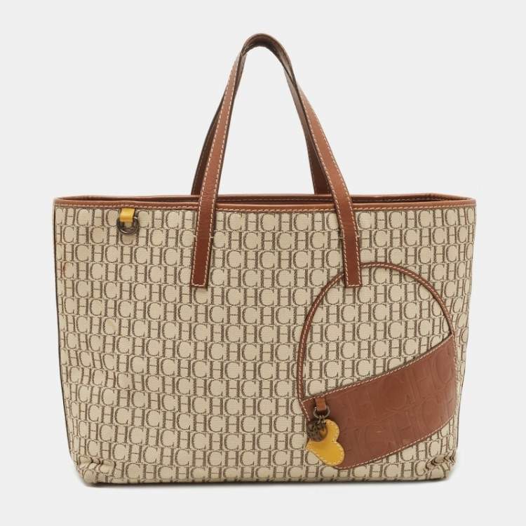Pre Owned Carolina Herrera Brown/Beige Monogram Canvas and Leather Patchwork Tote