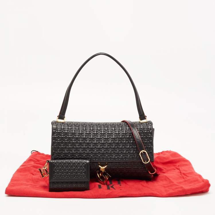 Pre Owned CH Carolina Herrera Black Embossed Leather Medium Camelot Shoulder Bag 