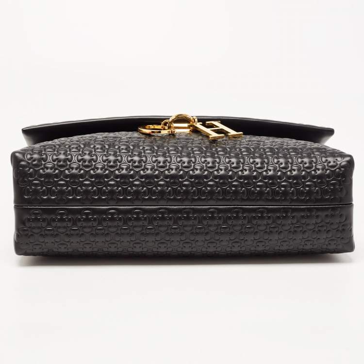 Pre Owned CH Carolina Herrera Black Embossed Leather Medium Camelot Shoulder Bag 