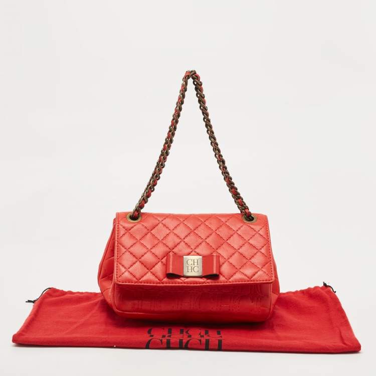 Pre Owned Carolina Herrera Red Quilted Leather Bow Flap Chain Bag