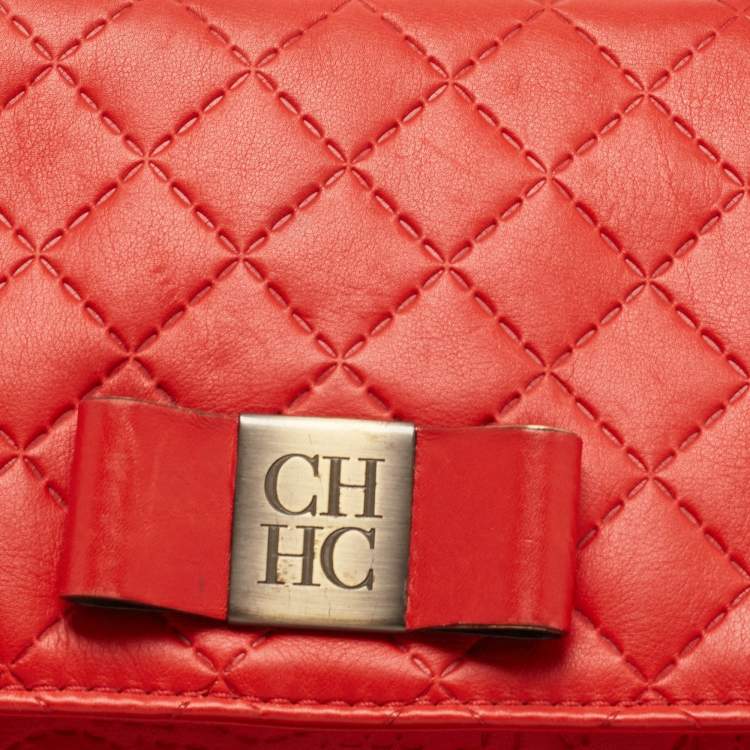 Pre Owned Carolina Herrera Red Quilted Leather Bow Flap Chain Bag