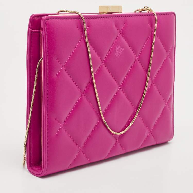 Pre Owned CH Carolina Herrera Pink Quilted Leather Frame Chain Clutch