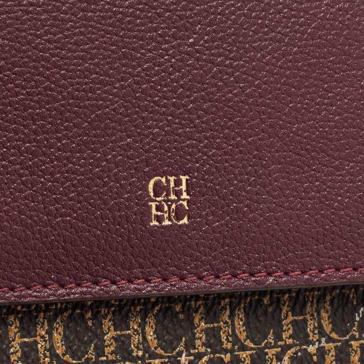 Pre Owned Carolina Herrera Burgundy/Brown Monogram Coated Canvas and Leather Flap Wallet on Chain
