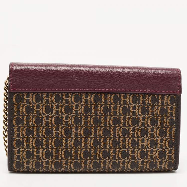 Pre Owned Carolina Herrera Burgundy/Brown Monogram Coated Canvas and Leather Flap Wallet on Chain