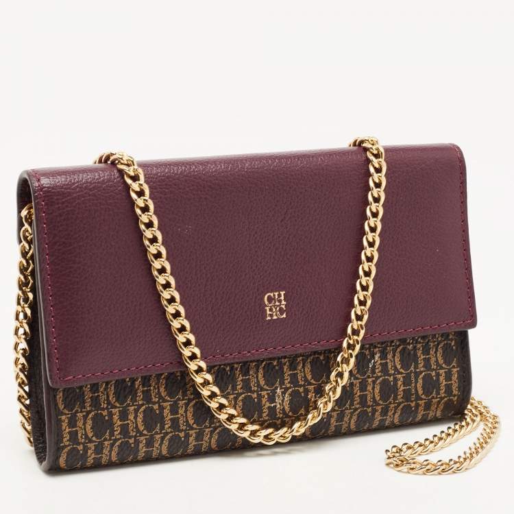Pre Owned Carolina Herrera Burgundy/Brown Monogram Coated Canvas and Leather Flap Wallet on Chain