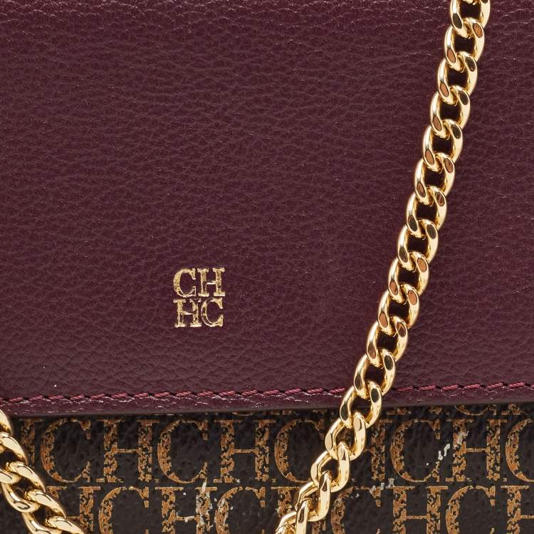 Pre Owned Carolina Herrera Burgundy/Brown Monogram Coated Canvas and Leather Flap Wallet on Chain
