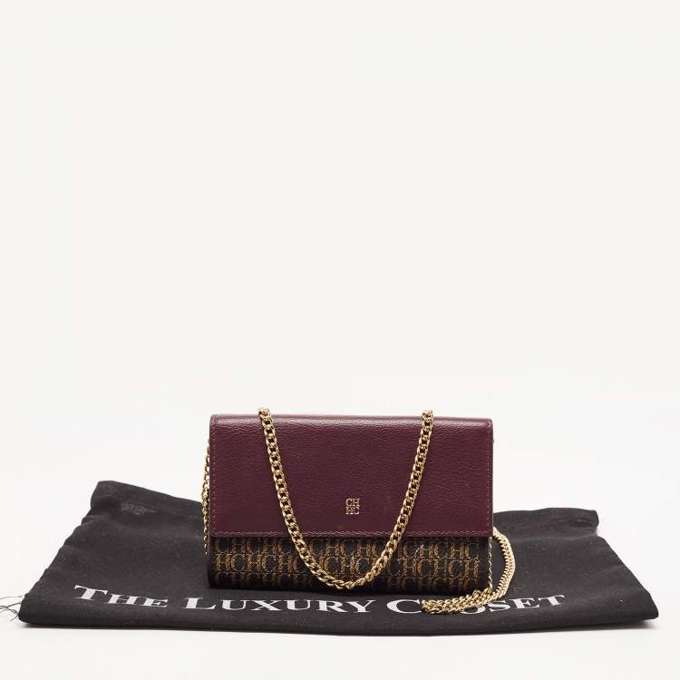 Pre Owned Carolina Herrera Burgundy/Brown Monogram Coated Canvas and Leather Flap Wallet on Chain