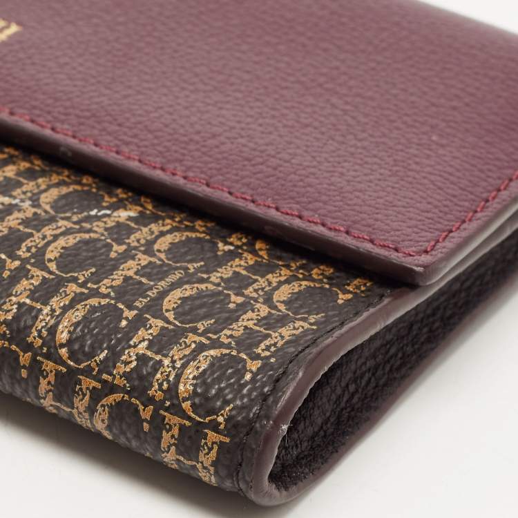 Pre Owned Carolina Herrera Burgundy/Brown Monogram Coated Canvas and Leather Flap Wallet on Chain