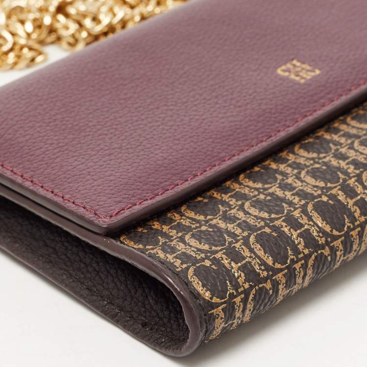 Pre Owned Carolina Herrera Burgundy/Brown Monogram Coated Canvas and Leather Flap Wallet on Chain