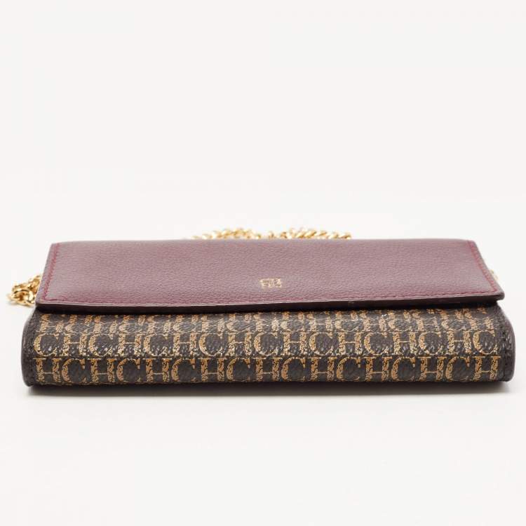 Pre Owned Carolina Herrera Burgundy/Brown Monogram Coated Canvas and Leather Flap Wallet on Chain
