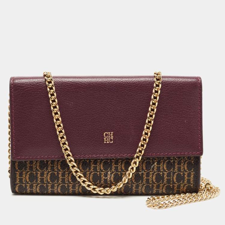 Carolina Herrera Burgundy/Brown Monogram Coated Canvas and Leather Flap  Wallet on Chain