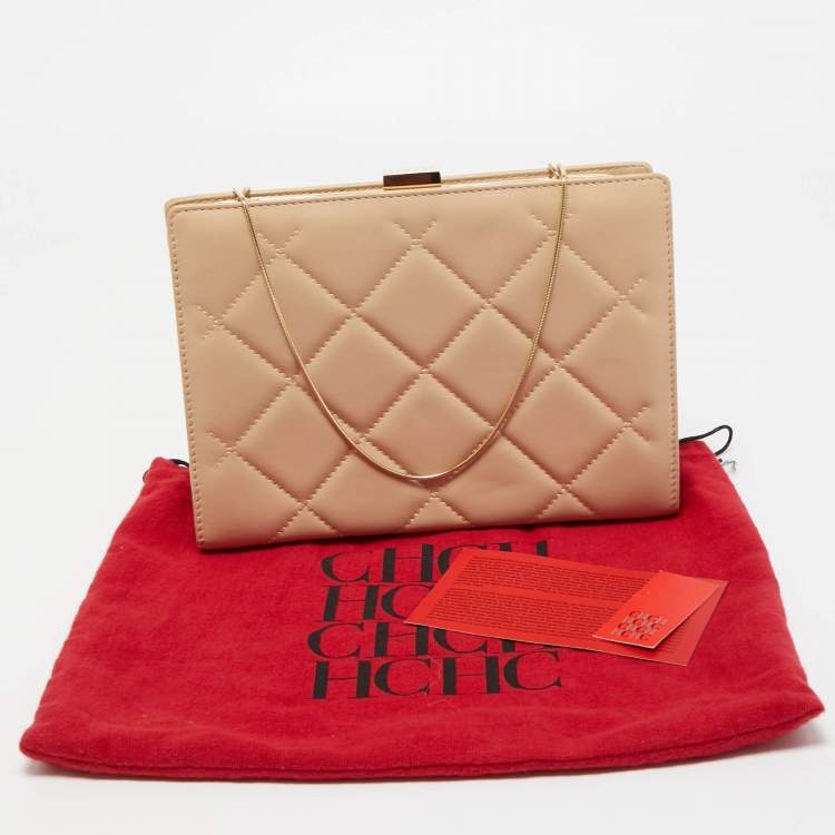 Pre Owned Carolina Herrera Beige Quilted Leather Frame Chain Clutch