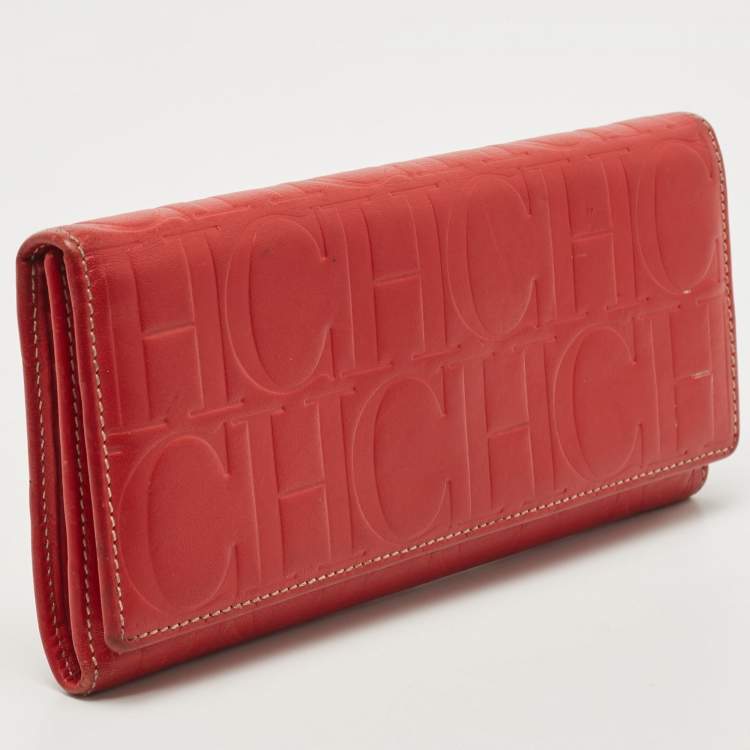Pre Owned Carolina Herrera Red Monogram Embossed Leather Flap Continental Wallet
