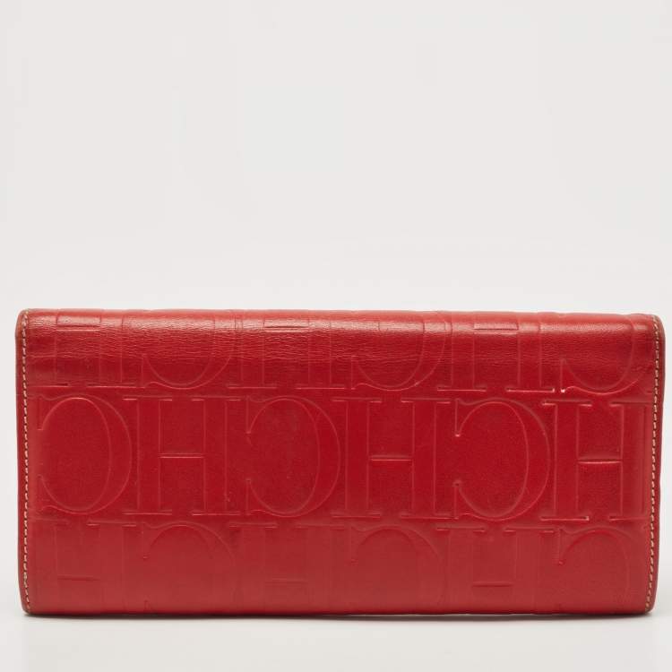 Pre Owned Carolina Herrera Red Monogram Embossed Leather Flap Continental Wallet