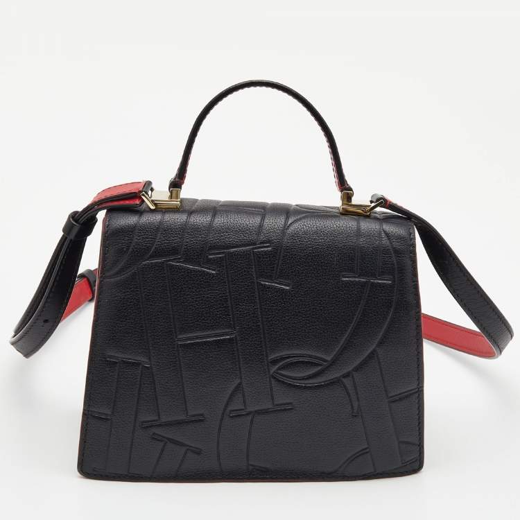 Pre Owned Carolina Herrera Black Embossed Leather Pushlock Flap Top Handle Bag