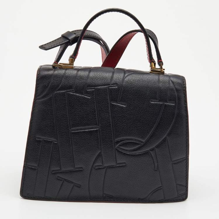 Pre Owned Carolina Herrera Black Embossed Leather Pushlock Flap Top Handle Bag