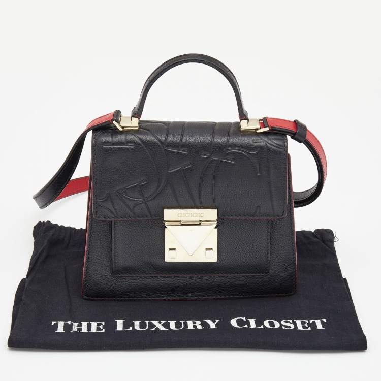 Pre Owned Carolina Herrera Black Embossed Leather Pushlock Flap Top Handle Bag