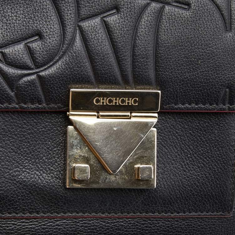 Pre Owned Carolina Herrera Black Embossed Leather Pushlock Flap Top Handle Bag