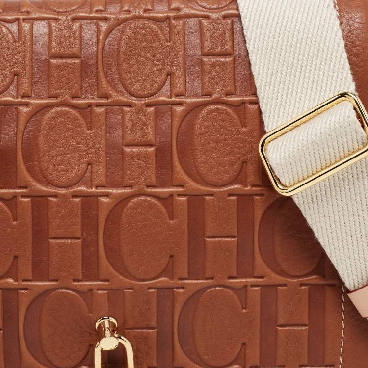 Pre Owned  Carolina Herrera Brown Monogram Leather Medium Andy Locked Crossbody Bag 