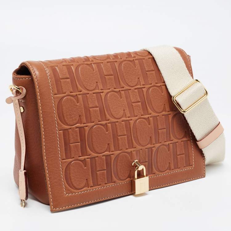 Pre Owned  Carolina Herrera Brown Monogram Leather Medium Andy Locked Crossbody Bag 