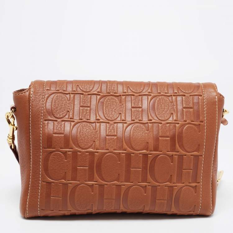 Pre Owned  Carolina Herrera Brown Monogram Leather Medium Andy Locked Crossbody Bag 