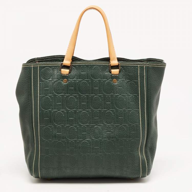 Pre Owned  Carolina Herrera Green Monogram Embossed Leather Andy Tote