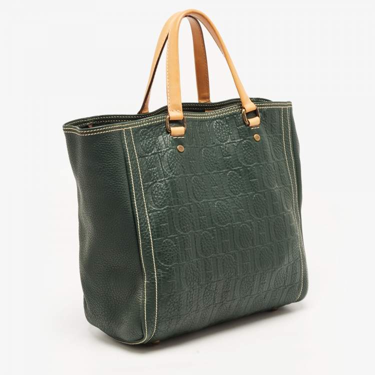 Pre Owned  Carolina Herrera Green Monogram Embossed Leather Andy Tote