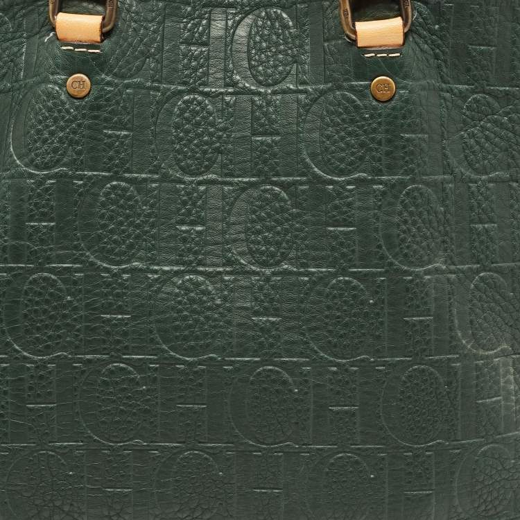 Pre Owned  Carolina Herrera Green Monogram Embossed Leather Andy Tote