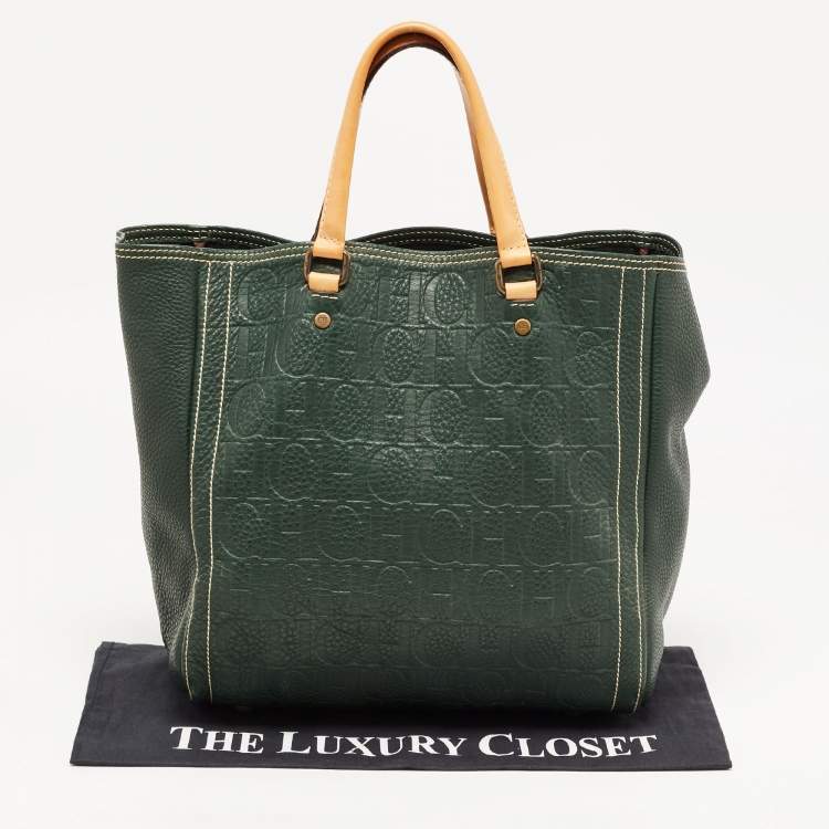 Pre Owned  Carolina Herrera Green Monogram Embossed Leather Andy Tote
