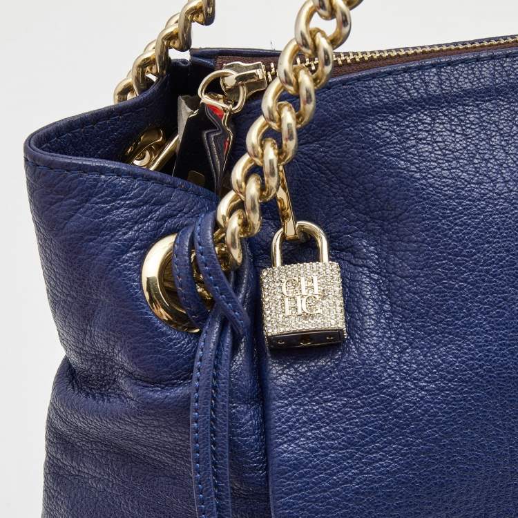 مملوكة مسبقًا Carolina Herrera Navy Blue Leather Crystals Embellished Lock and Logo Chain Bag