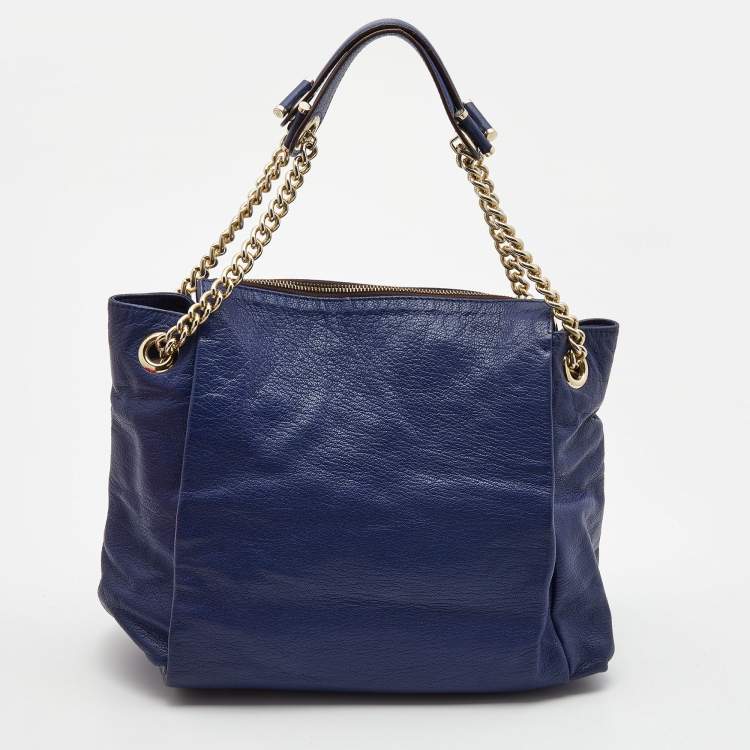 مملوكة مسبقًا Carolina Herrera Navy Blue Leather Crystals Embellished Lock and Logo Chain Bag