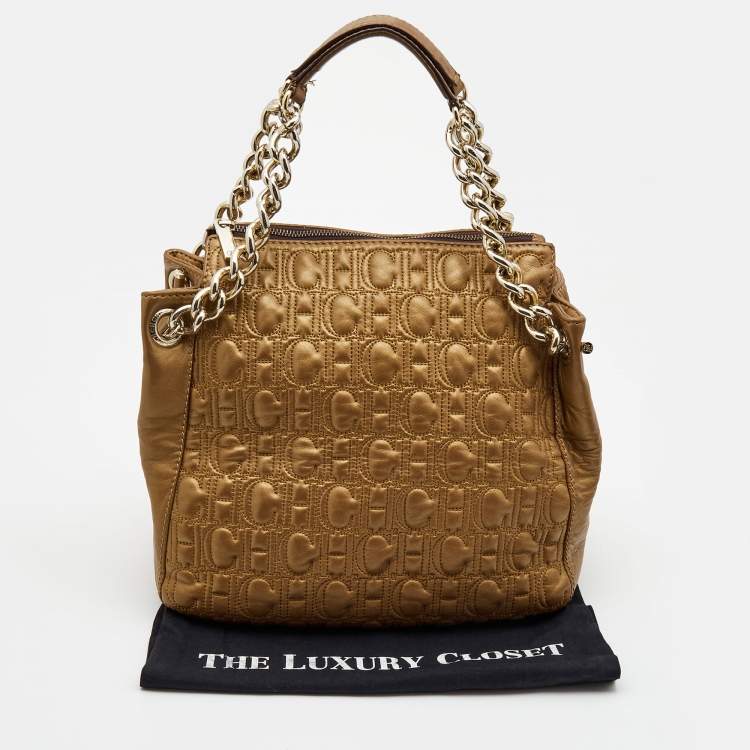 Pre Owned  Carolina Herrera Bronze Monogram Embossed Leather Chain Bag