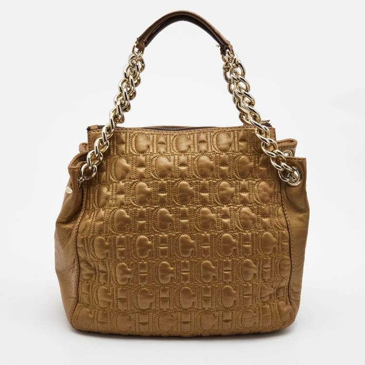 Pre Owned  Carolina Herrera Bronze Monogram Embossed Leather Chain Bag