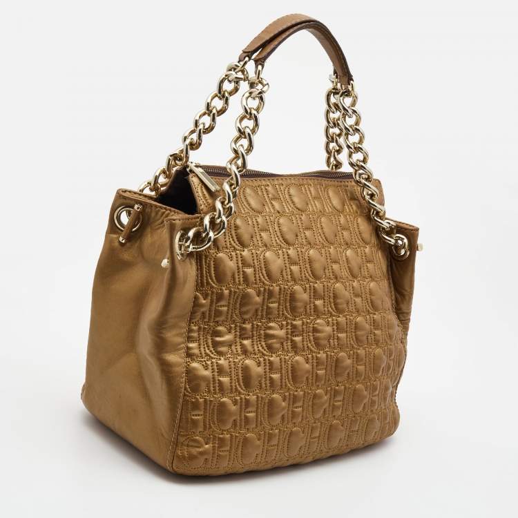 Pre Owned  Carolina Herrera Bronze Monogram Embossed Leather Chain Bag