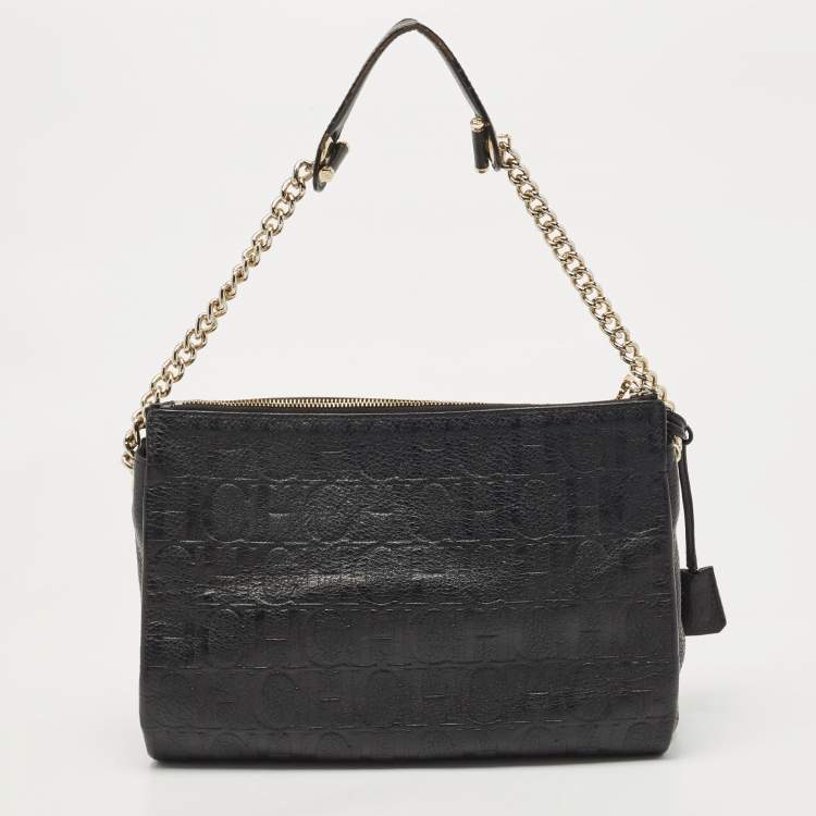 مملوكة مسبقًا Carolina Herrera Black Monogram Leather Shoulder Bag