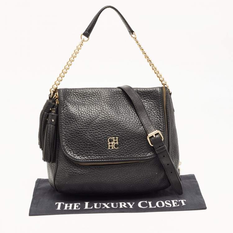 Pre Owned Carolina Herrera Black Leather Tassel Flap Shoulder Bag
