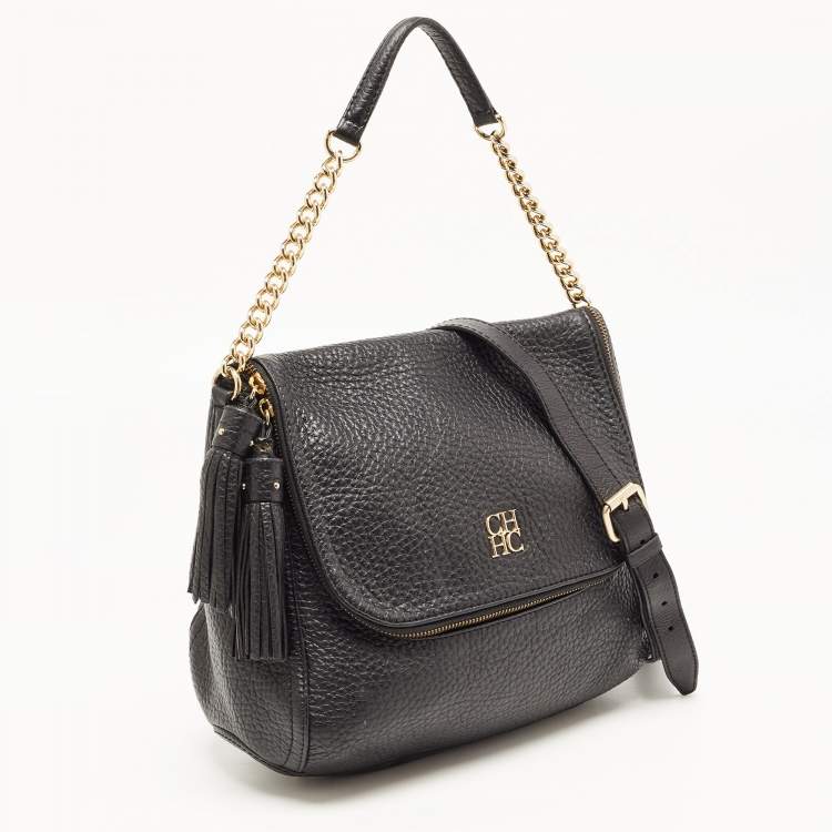 Pre Owned Carolina Herrera Black Leather Tassel Flap Shoulder Bag