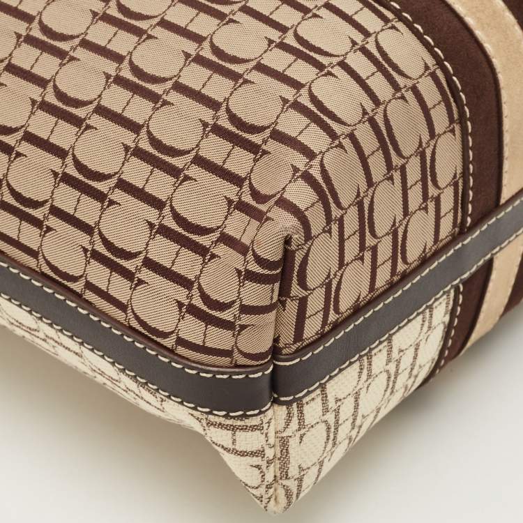 Pre Owned  Carolina Herrera Brown/Beige Monogram Canvas and Leather Bucket Tote