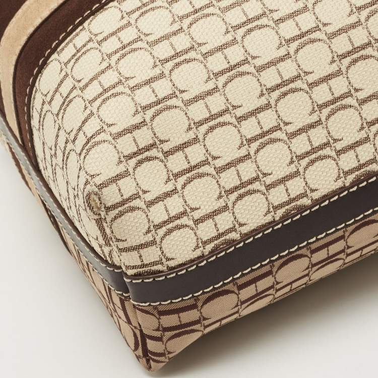 Pre Owned  Carolina Herrera Brown/Beige Monogram Canvas and Leather Bucket Tote