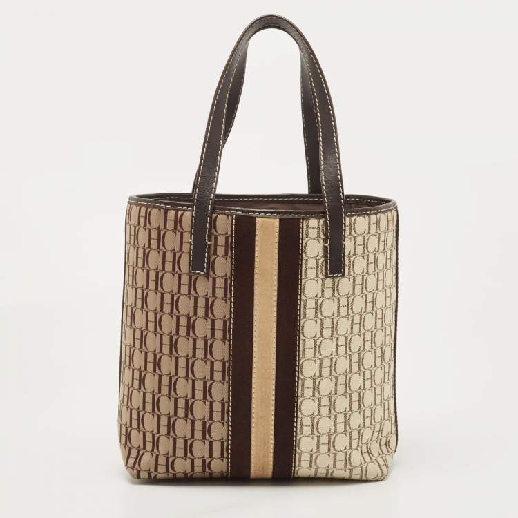 Pre Owned  Carolina Herrera Brown/Beige Monogram Canvas and Leather Bucket Tote