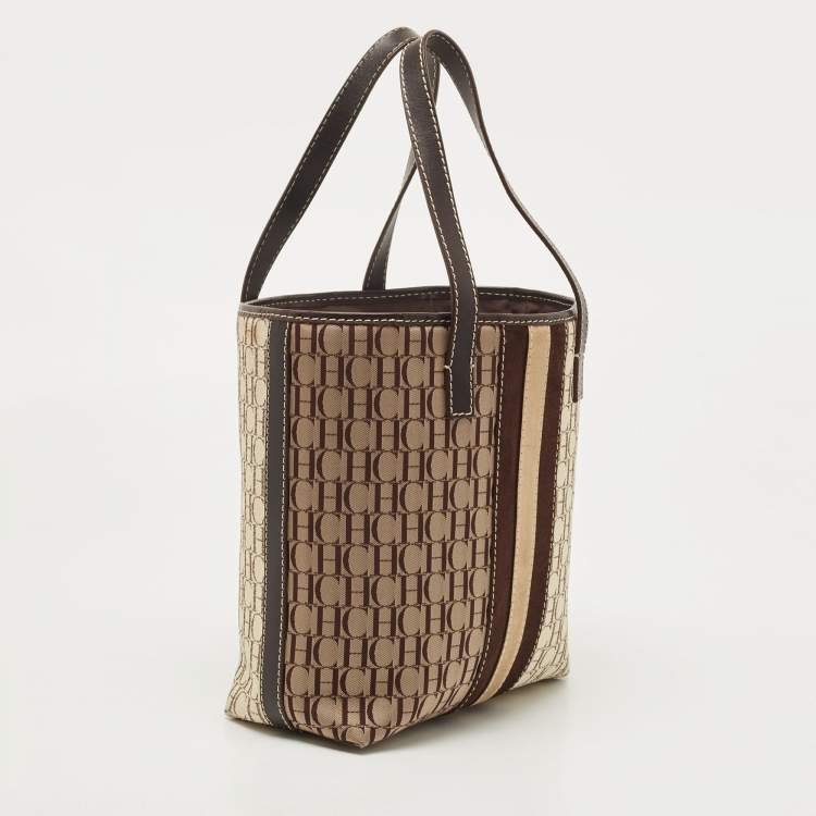 Pre Owned  Carolina Herrera Brown/Beige Monogram Canvas and Leather Bucket Tote