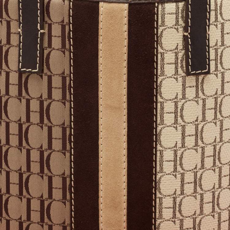 Pre Owned  Carolina Herrera Brown/Beige Monogram Canvas and Leather Bucket Tote