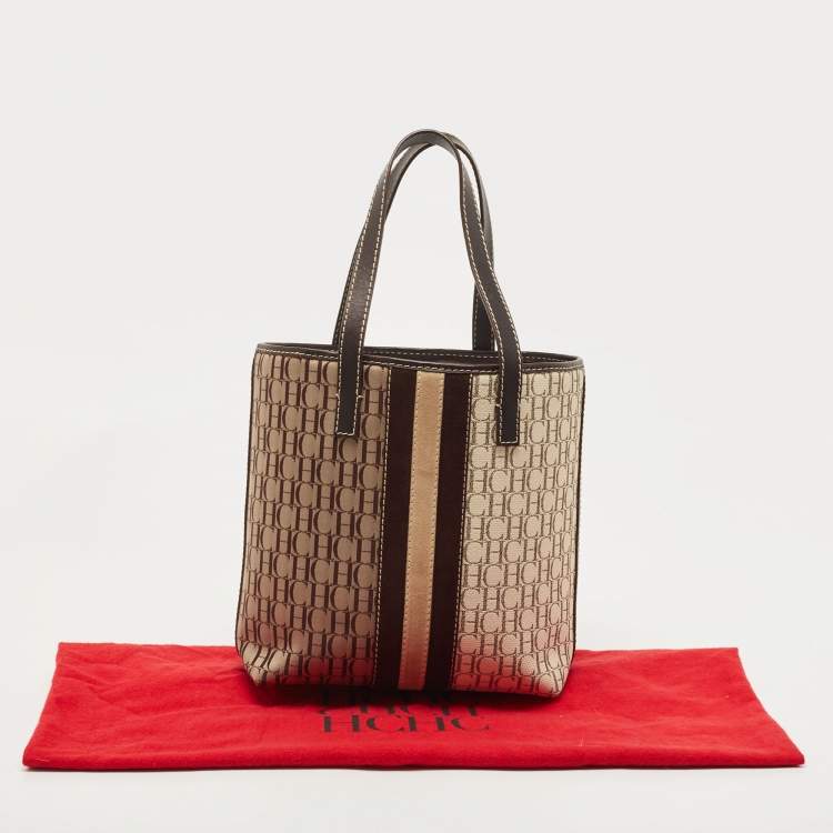Pre Owned  Carolina Herrera Brown/Beige Monogram Canvas and Leather Bucket Tote
