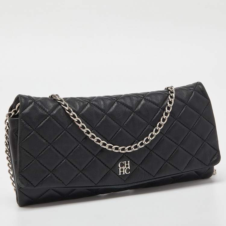 Pre Owned Carolina Herrera Black Quilted Leather CHHC Flap Chain Clutch