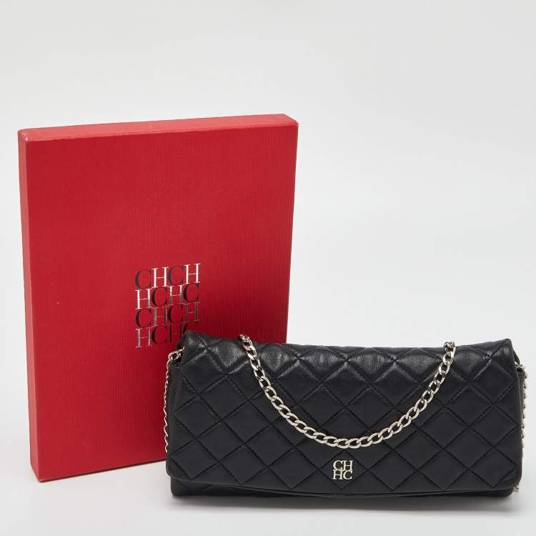 Pre Owned Carolina Herrera Black Quilted Leather CHHC Flap Chain Clutch