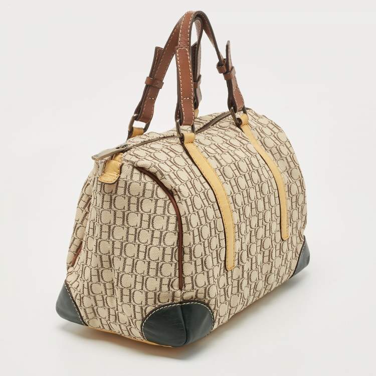 Pre Owned Carolina Herrera Beige/Multicolor Monogram Canvas and Leather Andy Boston Bag           
