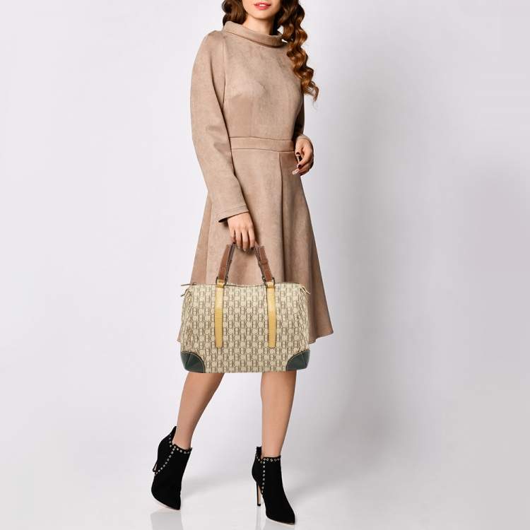 Pre Owned Carolina Herrera Beige/Multicolor Monogram Canvas and Leather Andy Boston Bag           