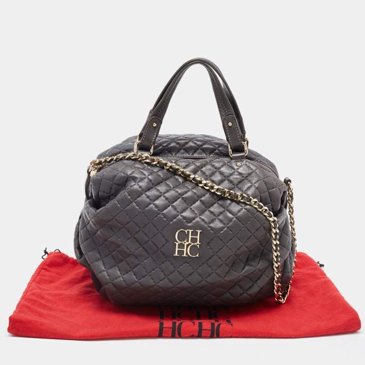 Pre Owned Carolina Herrera Grey Quilted Leather Pleated Chain Hobo